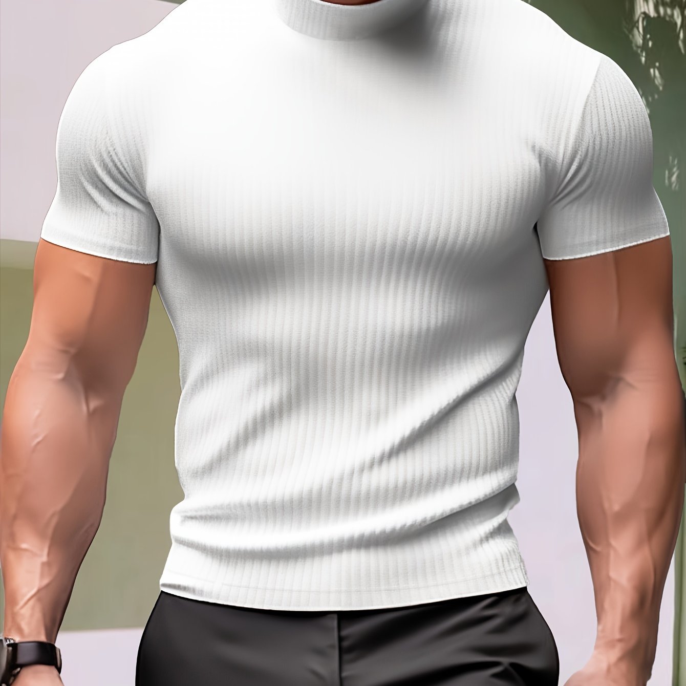 Men's Slim Fit Black Striped Mock Neck T-Shirt - Stretchy Polyester Blend, Ribbed Texture, Short Sleeve, Modern Style for Casual or Business Wear.