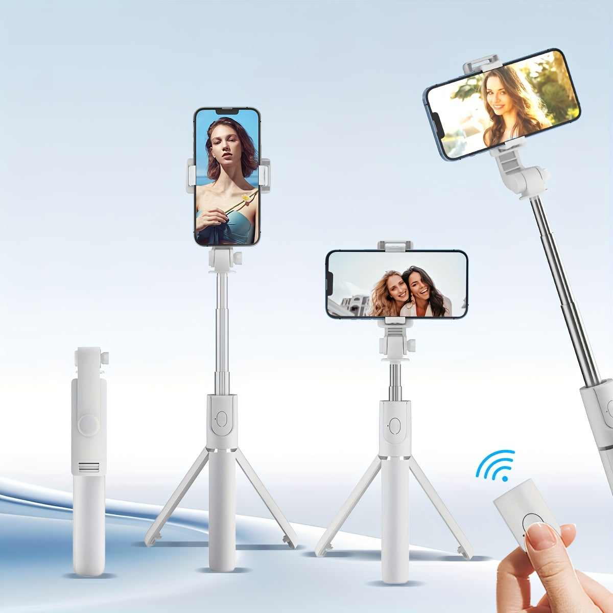 Portable selfie stick tripod with wireless remote control and 360-degree rotation, compatible with Apple iPhone, Samsung, and Android smartphones.