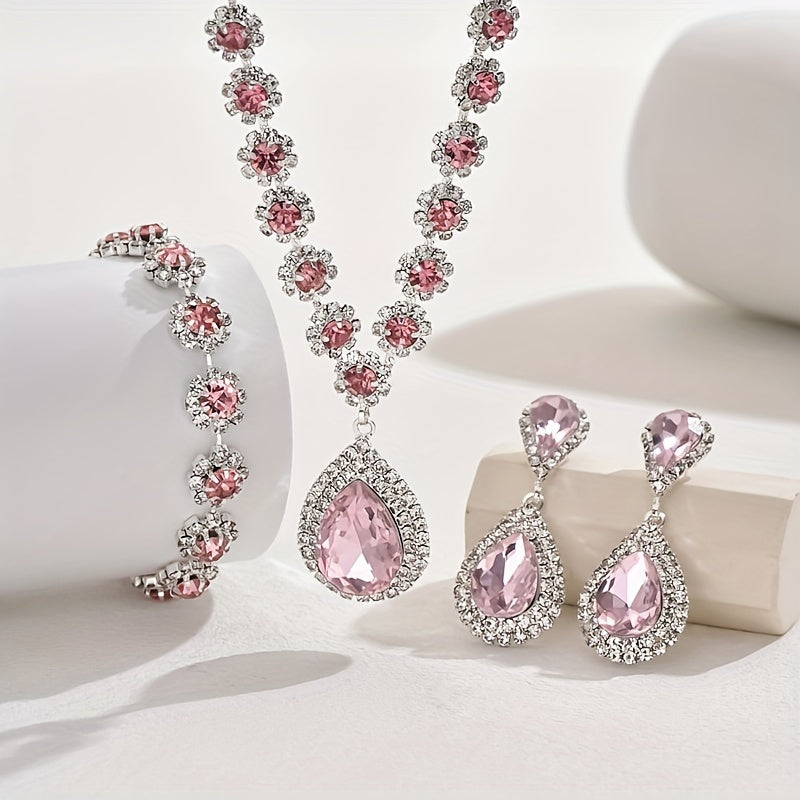 Bridal Jewelry Set: Exquisite Luxury 925 Silver Plated Set with Flower Design and Synthetic Diamonds, Featuring a Copper Construction. Includes Teardrop Necklace, Earrings, and Bracelet - Perfect for Weddings and Banquets.