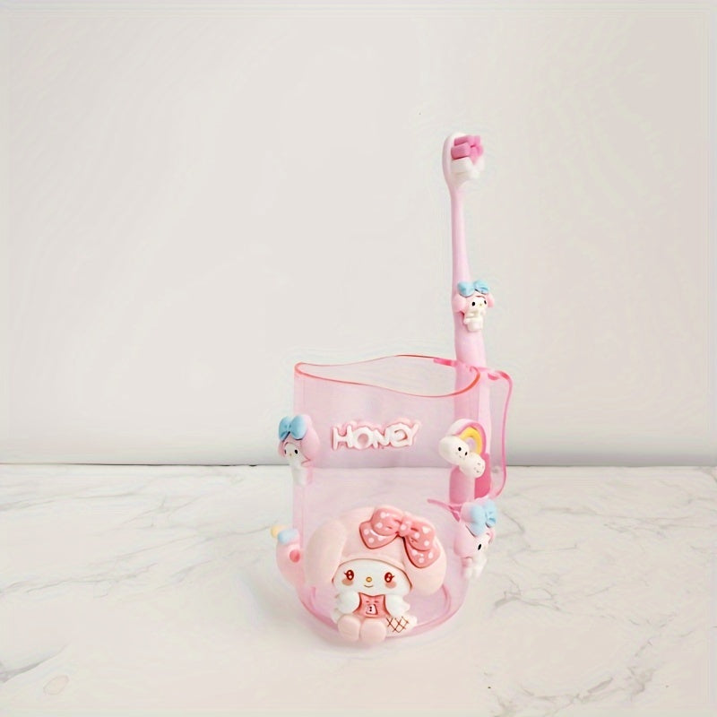 2pcs Sanrio Cute Cartoon Kuromi, Melody toothbrush holder set made of durable PP material for both men and women. Includes mouthwash cup and toothbrush.