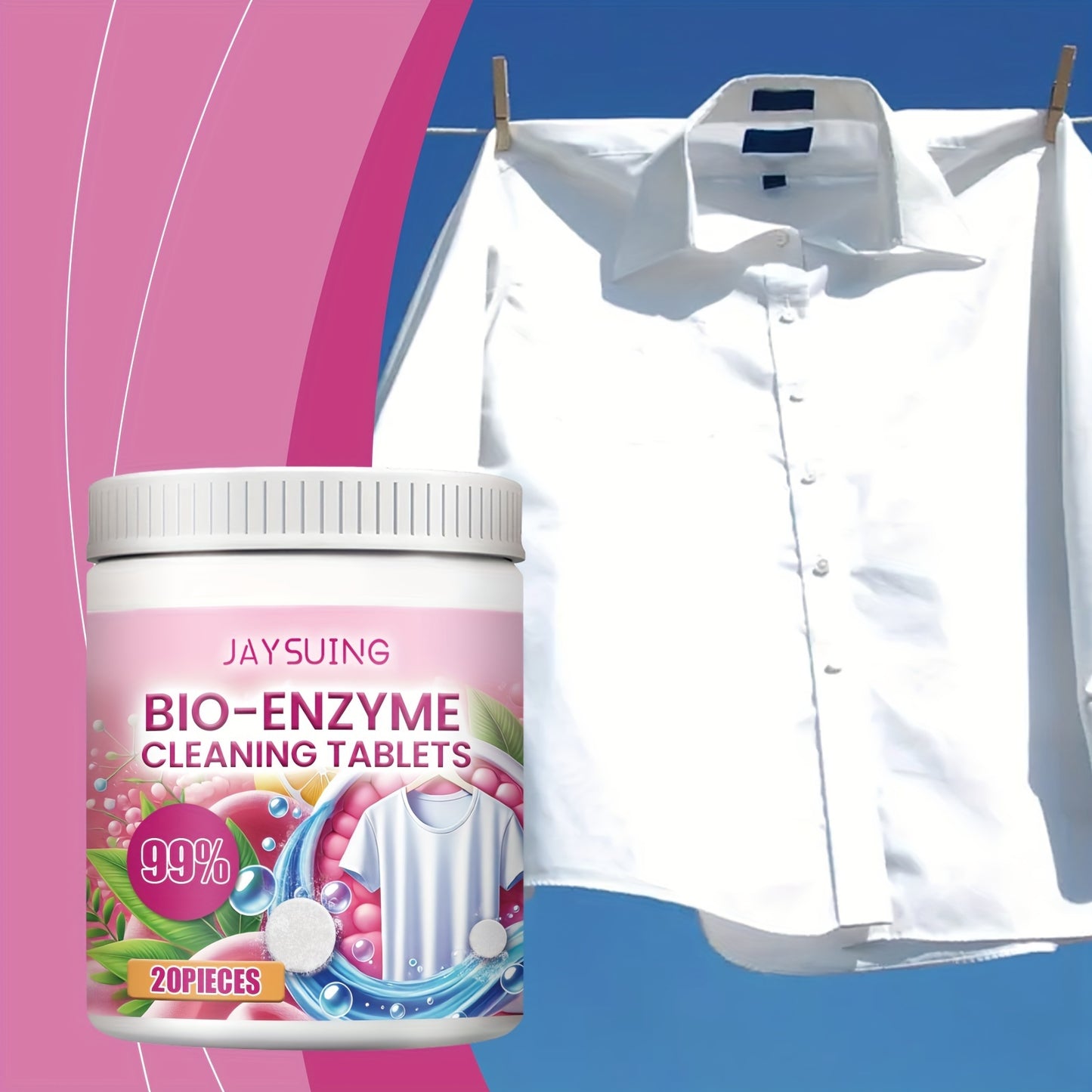 20-Pack Bio-Enzyme Stain Remover Tablets for RV and Home use, eliminates stains and odors while keeping fabrics fresh.