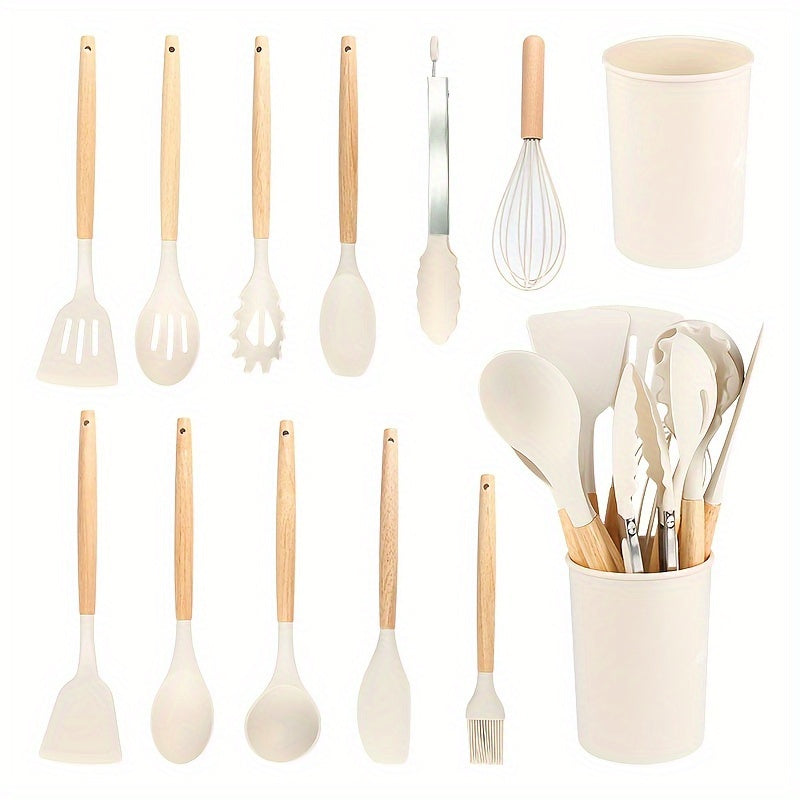 Set of 12 pieces of silicone tableware, including kitchen utensils and cookware for safety. This set features wooden handles on the non-stick cookware for easy use and cleaning. Modern and washable kitchen supplies, including small tools and essentials.