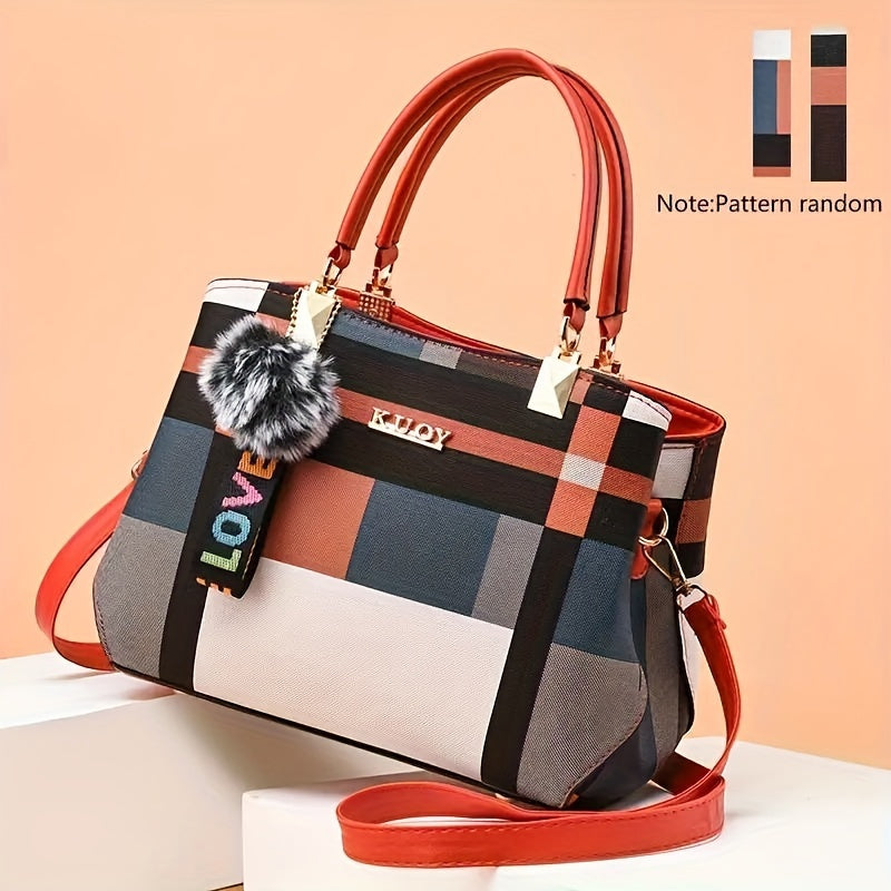 Stylish grid patterned shoulder bag with magnetic closure, ideal for formal events, work, or school.