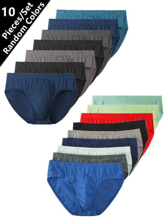 10 Men's cotton boxer briefs with solid color, breathable mid-rise comfort fit, made of 100% cotton knit fabric with medium stretch.