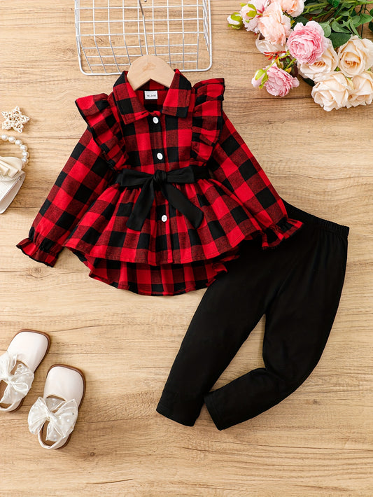 Baby's ruffled plaid blouse with belted pants set for outdoor wear in spring and fall