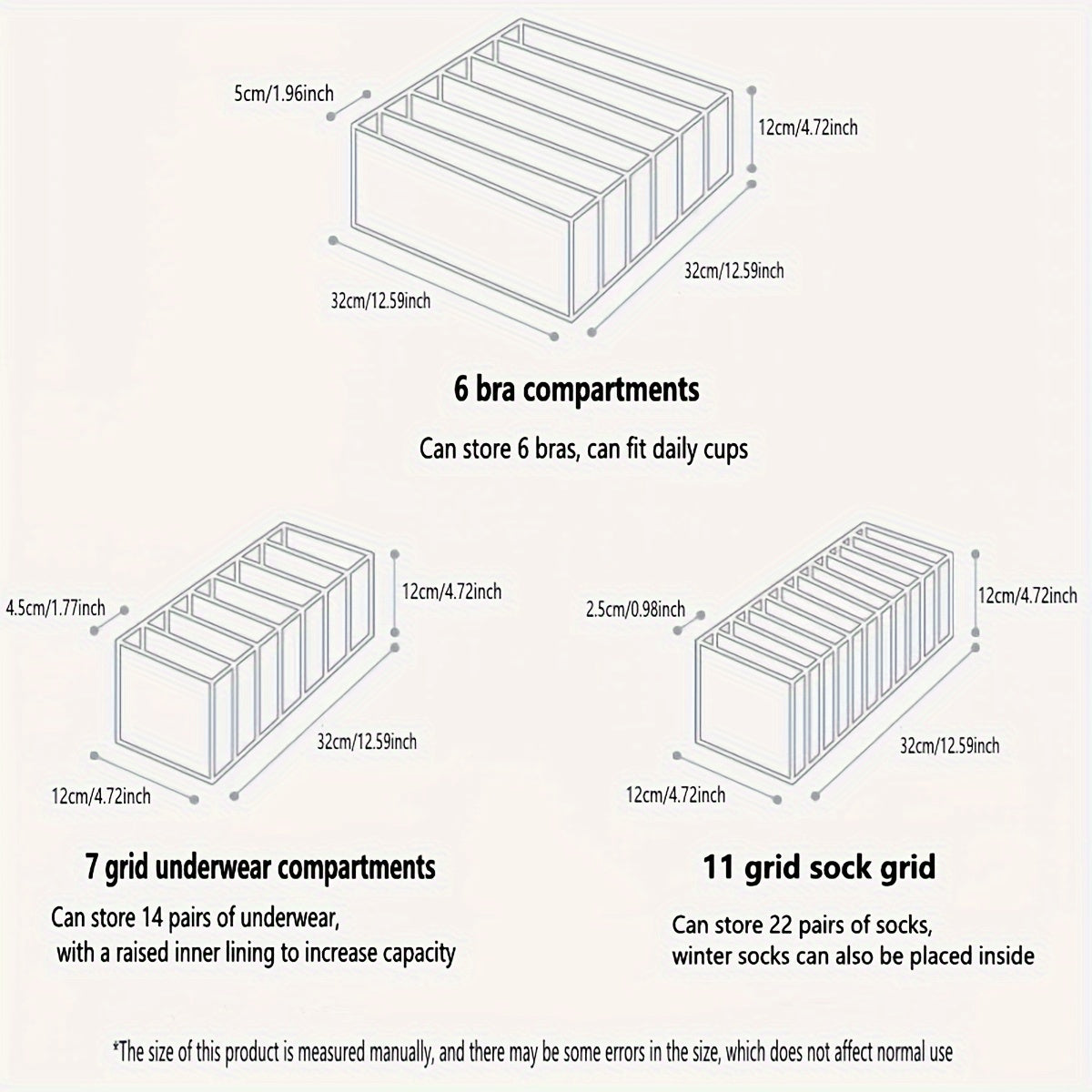 Foldable Underwear & Sock Organizer - 5 Pieces Set with 11 Compartments, Drawer Divider for Closet Storage in Nylon Material, Colors Available: Gray, Black, White