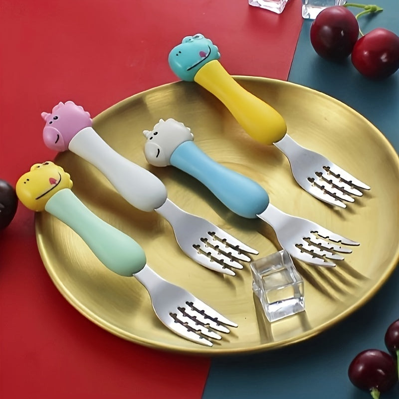 Children's cartoon dinosaur fork and spoon set made of portable 304 stainless steel for learning and training purposes.