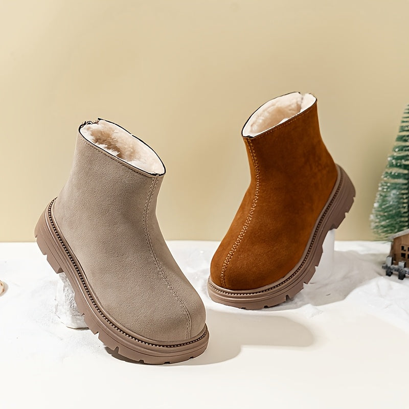 Stylish winter ankle boots with cozy plush lining, durable PVC sole, side zipper, round toe, brown upper with black trim. Perfect for boys and girls, casual snow booties for cold weather.