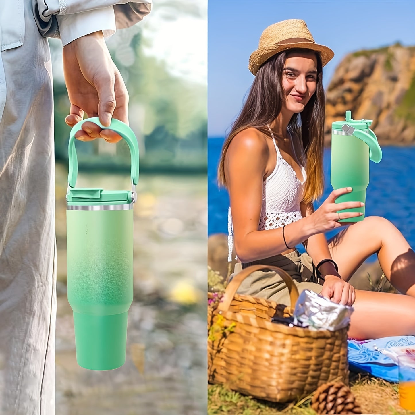 40oz Stainless Steel Tumbler with Handle Lid and Flip Straw, Double Wall Insulated, perfect for Summer activities.