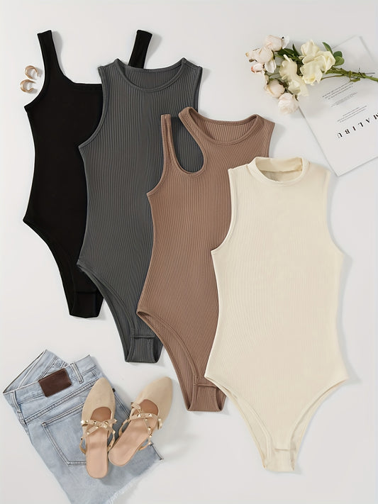 4pcs Ribbed Knit Bodysuits for Women in Black, Gray, Brown, and Beige. Stretchy, Comfortable, and Sleeveless. Machine Washable for All-Season Wear.