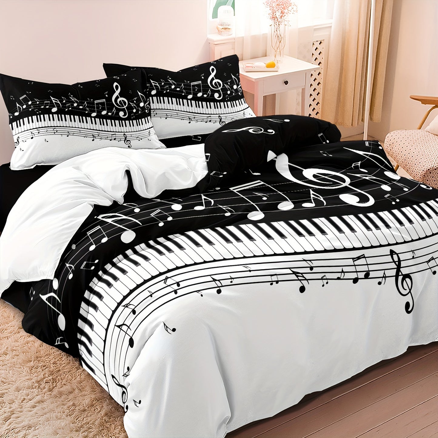 Minimalist American duvet cover with musical notes.