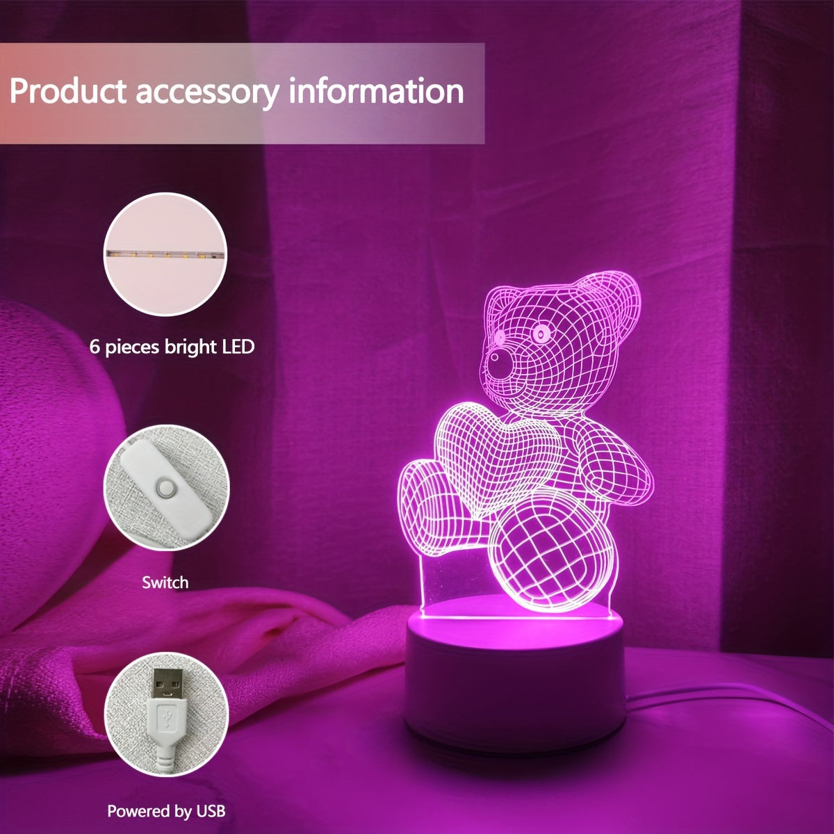 3D night light with pink heart bear design, USB powered, switch control, ideal for modern bedroom decor.