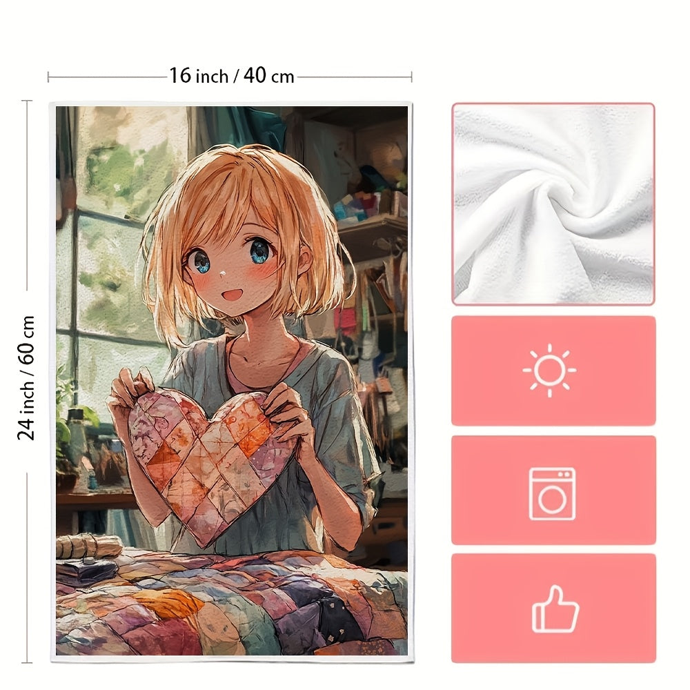 Set of 2 Kitchen Towels featuring an Anime Girl with Short Blonde Hair creating a Heart Shaped Quilt. These Ultra Soft and Highly Absorbent Dish Hand Towels are perfect for holiday decor. Machine Washable and measuring 16x24 inches. Item number