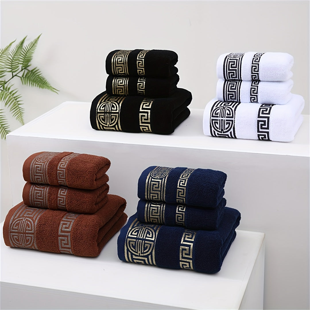 Velvet towel set includes 1 bath towel and 2 hand towels in gsm450, Regular thickness, Pure cotton with geometric pattern. High absorbency and softness in dark colors including black, purple, blue, coffee, and white. Suitable for bathroom, travel