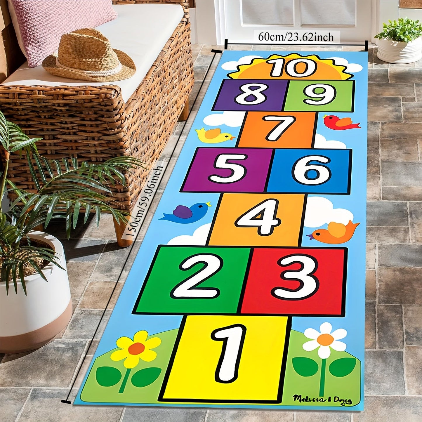 This Crystal Velvet Carpet features a classic hopscotch design, with playful cartoon prints perfect for kids. The large size makes it ideal for games and crawling, and it is easily washable. A great addition to kindergarten or dorm supplies, this rug can