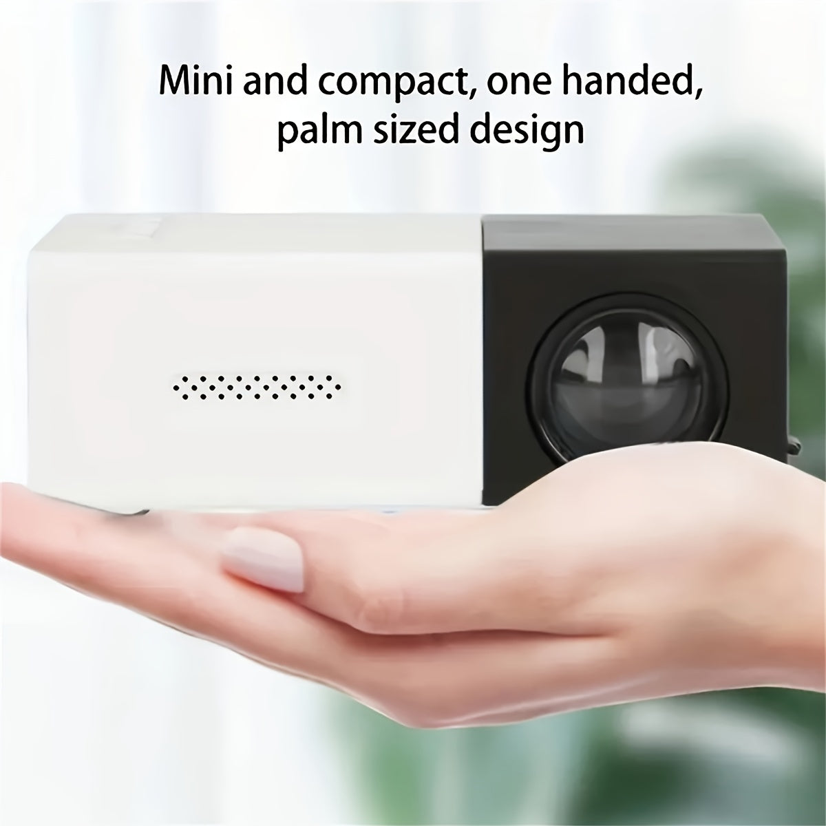 EU plug mini projector with 720P/1080P support, compatible with smartphone and USB port. Features SD memory card/AV/USB connection on the same screen. 2800 brightness lumens.