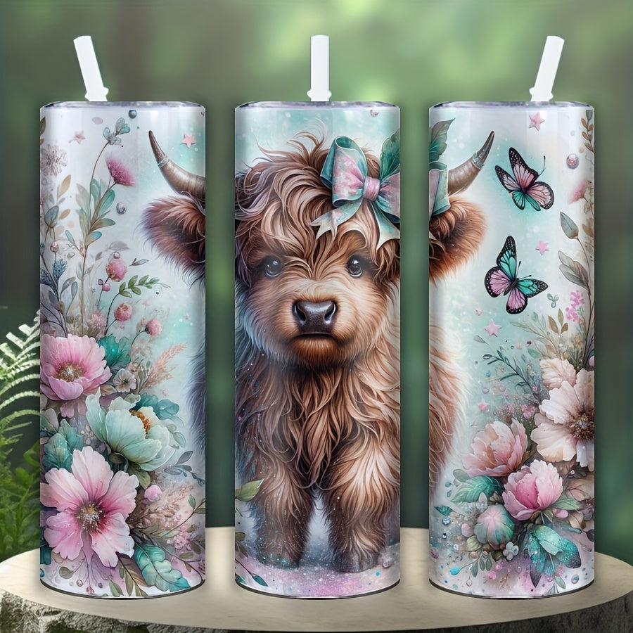 20oz Highland Cow and Floral Themed Stainless Steel Tumbler, perfect for Mother's Day, Father's Day, Birthdays, and Parties - Hand wash only, PVC free (1 Pack).