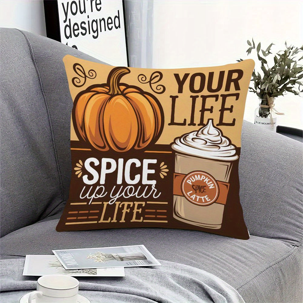 Autumn Pumpkin & Latte Design Pillow Cover - 1pc, Single-Sided Print, Made of Durable Polyester Fiber, Festive Home Decor for Sofa & Living Room, Size: 45.72x45.72 cm