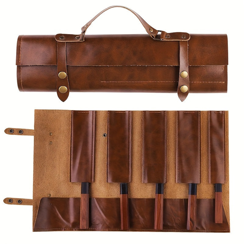 Chef Knife Roll Up Bag made of 1 piece Genuine Leather, perfect for storing chef tools. This portable and folding knife bag is durable and ideal for travel, camping, and kitchen organization. Carry your chef knives in style with this perfect kitchen tool