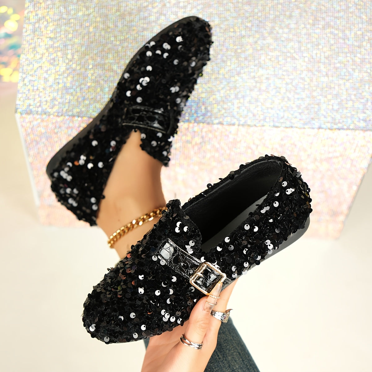 Women's sequin embellished Mary Jane flats with casual round toe slip-on design, all-season comfort, man-made upper & inner, rubber sole, fabric insole, perfect for carnival, Mardi Gras