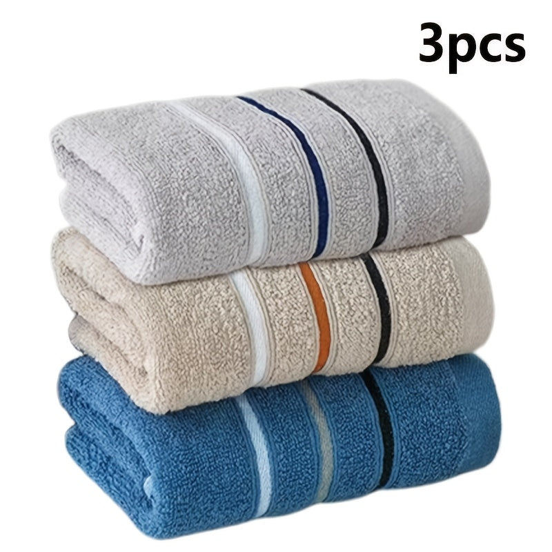 3 vibrant striped travel towels made of a quick-drying and lightweight blend. Ideal for face, bath, sports, hotel, spa, and camping. Multipurpose towels in blue, pink, and beige with a