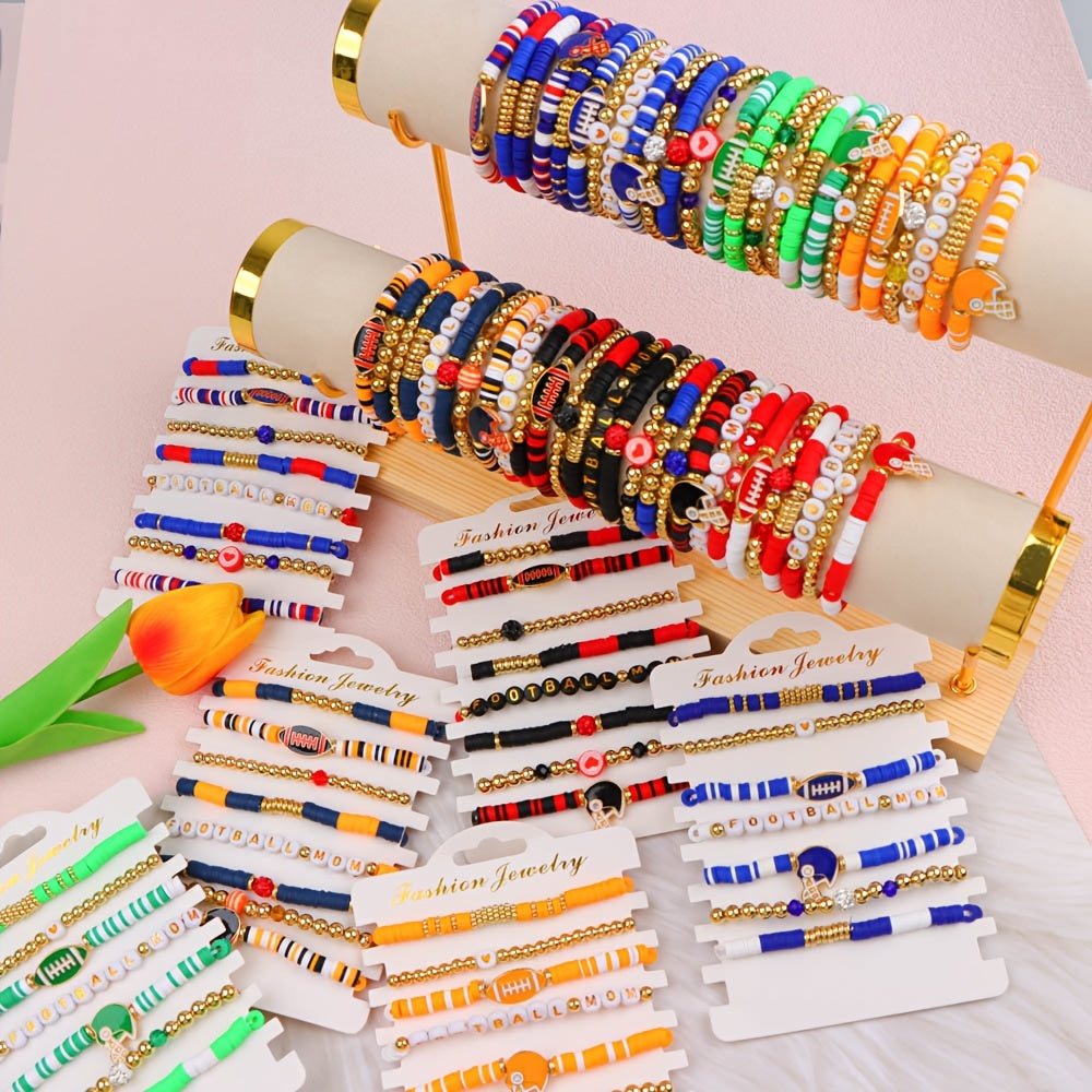 Randomly shipped lot of 15 fashionable sports rugby themed heart-shaped soft ceramic multi-color elastic stackable neutral bracelets - perfect for daily gift giving as jewelry accessories.