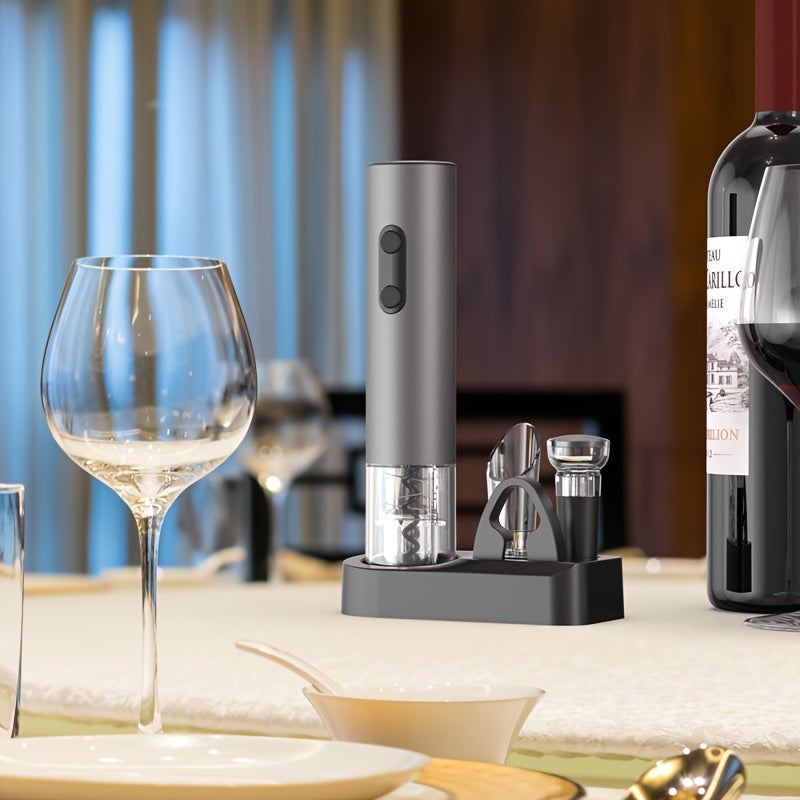 Electric wine opener set includes automatic opener, corkscrew, vacuum stopper, and 5 essential tools. Dimensions: 8.31cm X 7.29cm X 23.19cm.