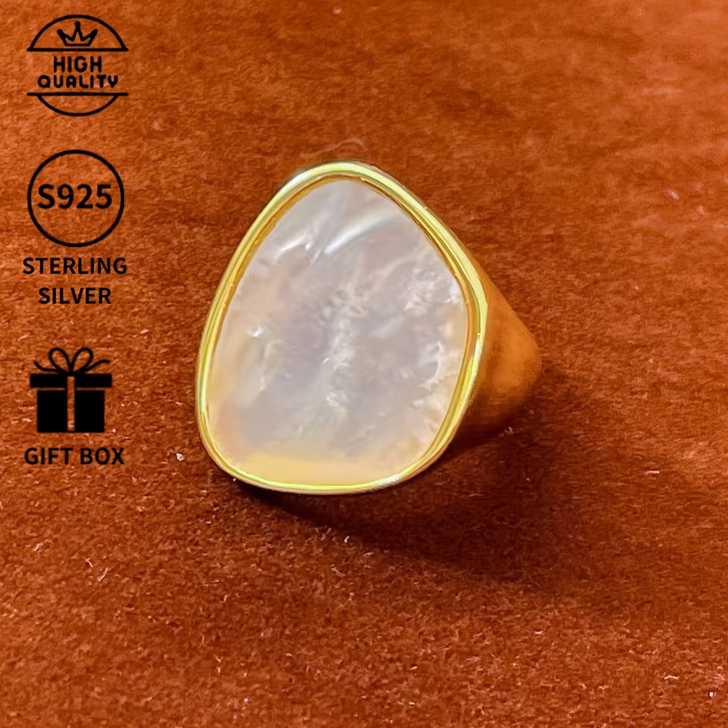 Handcrafted Luxury Hip Hop Style Ring with 925 Sterling Silver and 14K Gold Plated Shell Inlay - Perfect for Special Occasions and Celebrations like Christmas, Thanksgiving, Mother's Day, Valentine's, Proposals, Anniversaries, and Birthday Parties -