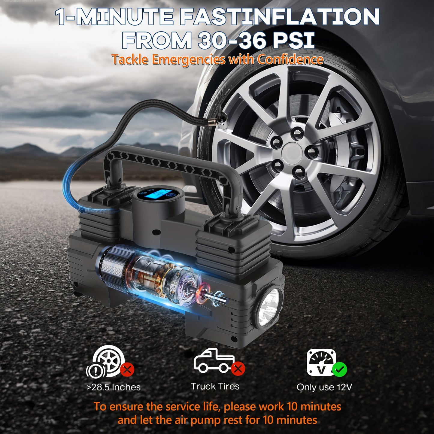 Portable MESHUBA Tire Inflator: 12V air compressor with 150PSI pump and digital gauge for cars, bikes, and more in orange.