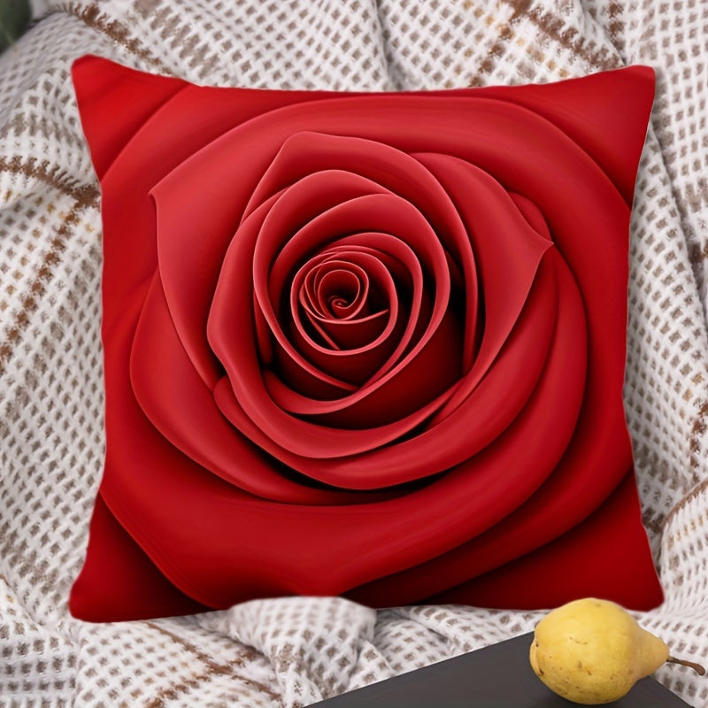 Valentine's Day themed red rose pillow cover with floral heart design. Polyester blend, zippered cushion case for sofa, bed, or office chair. Hand wash only. Contemporary style home decor.