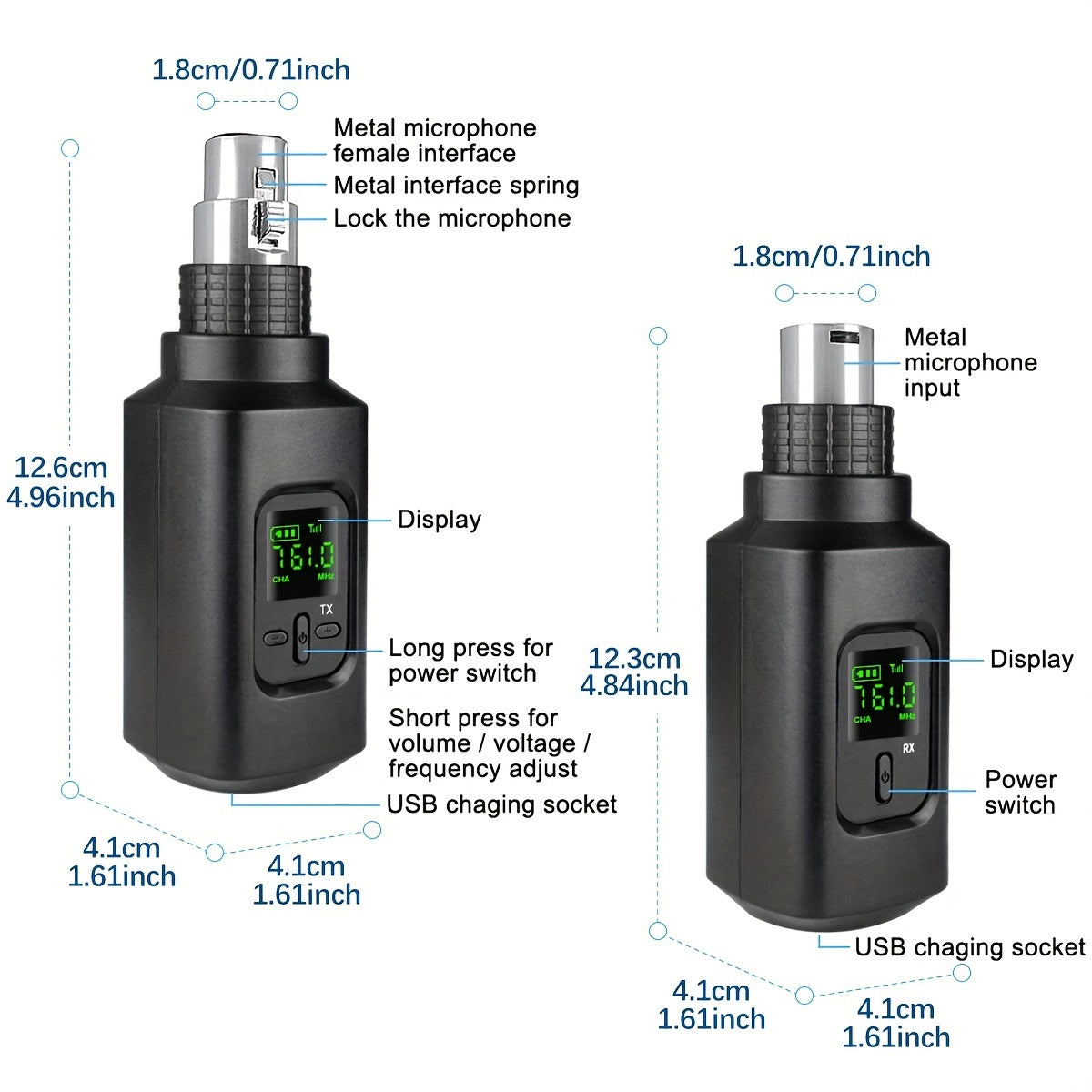 Wireless XLR Transmitter and Receiver with Guitar Transmitter Receiver. Rechargeable mic adapter for dynamic microphone and electric guitar bass. One-click switch between KTV, speech