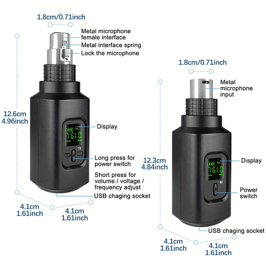 Wireless XLR Transmitter and Receiver with Guitar Transmitter Receiver. Rechargeable mic adapter for dynamic microphone and electric guitar bass. One-click switch between KTV, speech