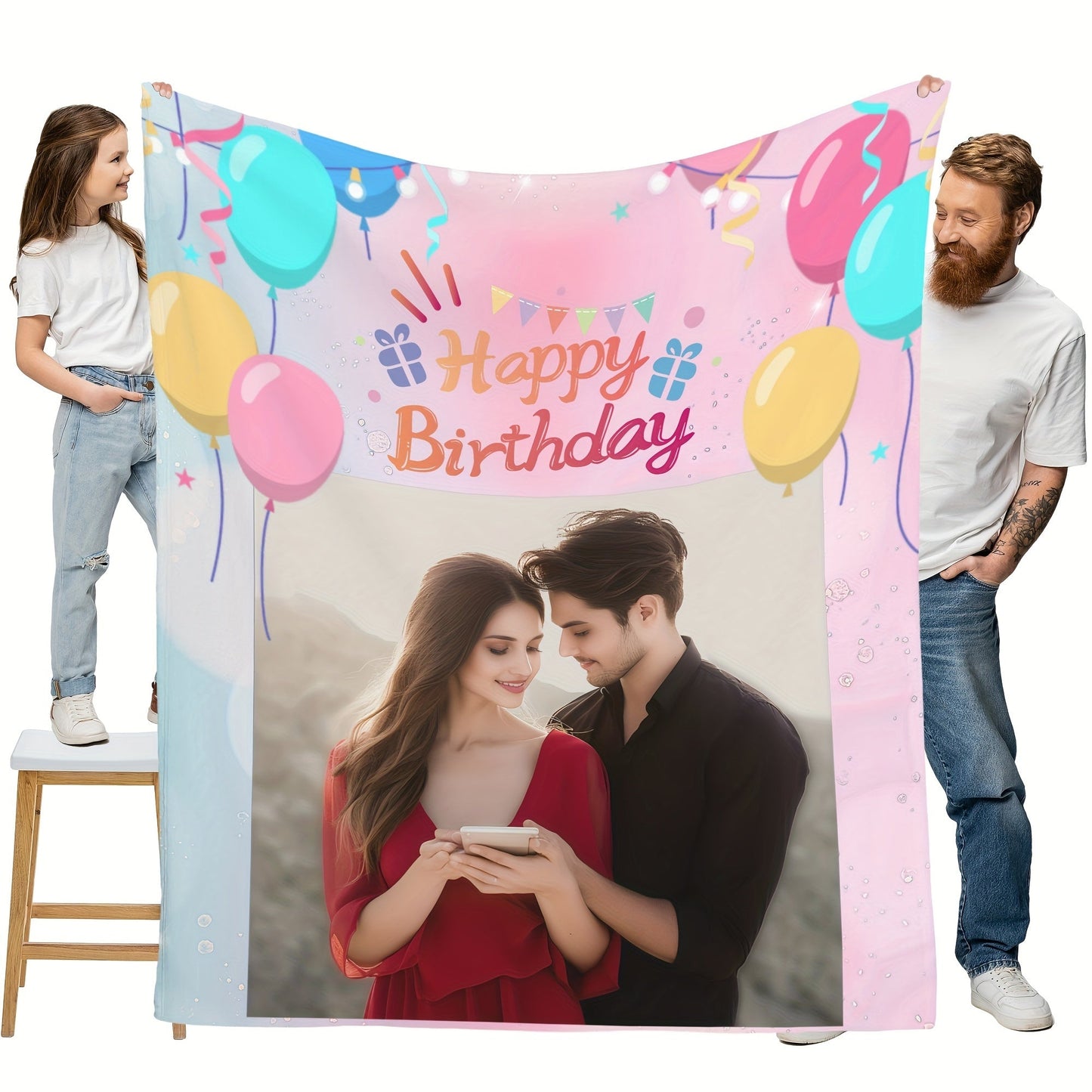 Customized Photo Blanket featuring Cute Balloons and 'Happy Birthday' Message - Ideal Present for Your Beloved Ones