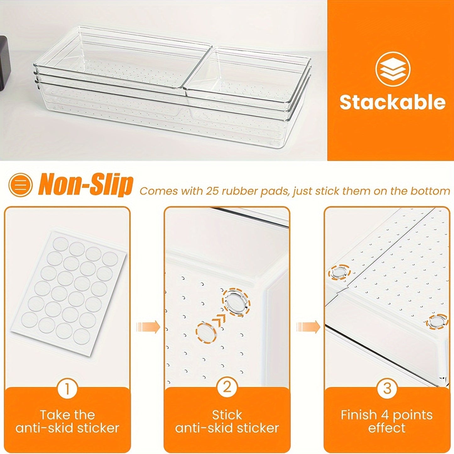 Set of 13 clear plastic drawer organizers, stackable and unfinished, perfect for storing makeup, cosmetics, kitchen utensils, tools - includes non-slip rubber pads.