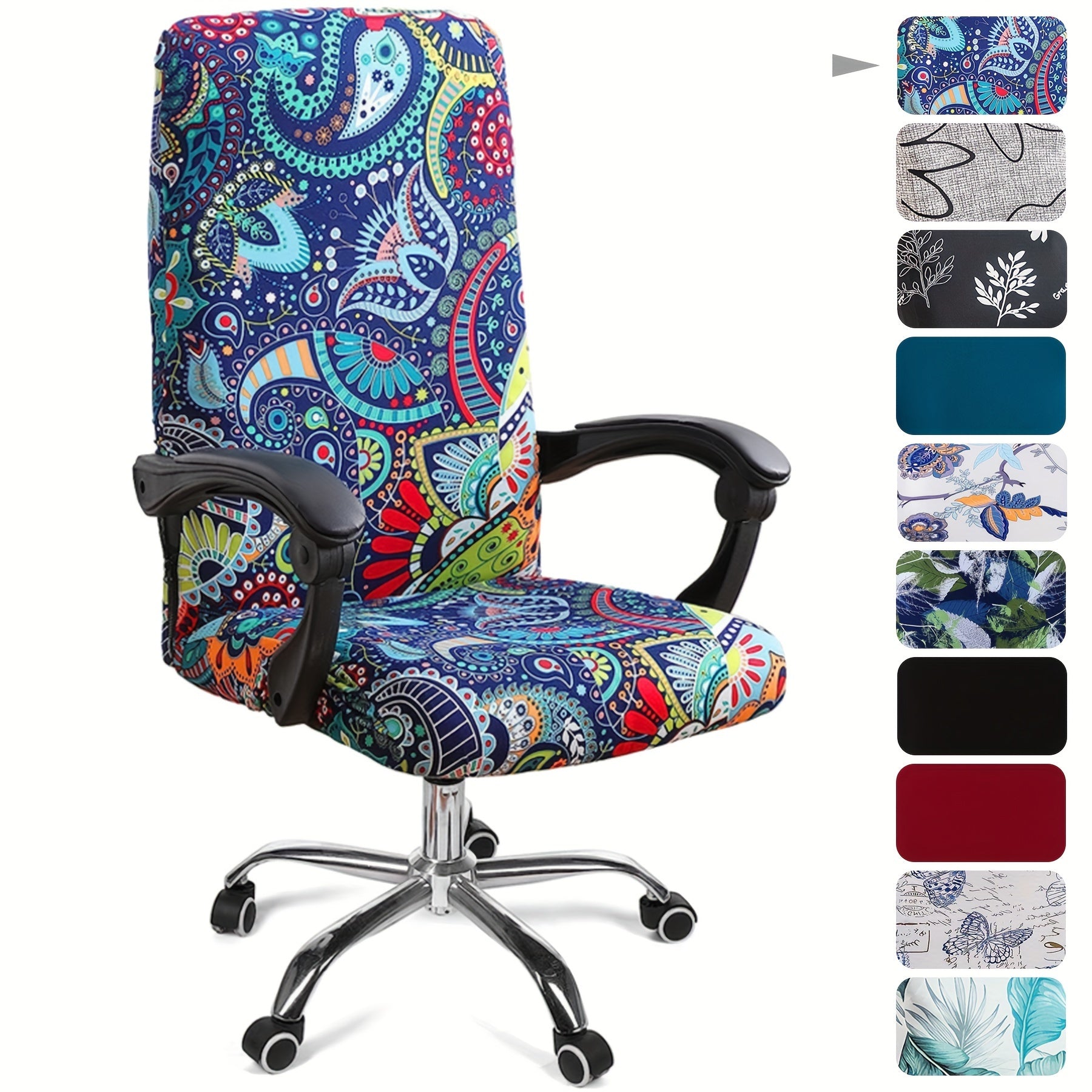 Elastic printed office chair cover with zipper, washable and dustproof for universal office rotating chairs. Perfect for bedroom, study, or office room decoration.