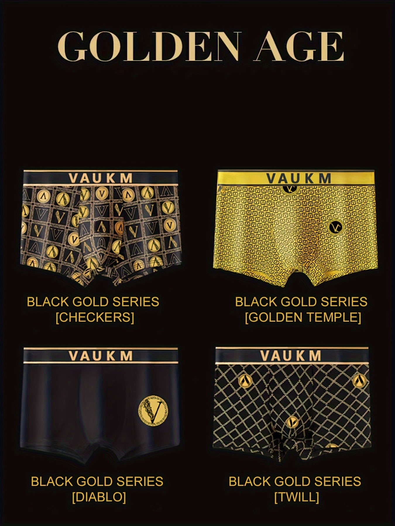 Men's Black Golden Boxer Brief Shorts, Breathable and Stretchy, 4pcs