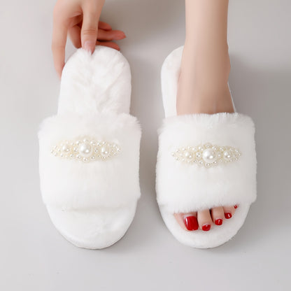 Stylish Faux Pearl Home Slippers with Plush Lining and Non-slip Sole