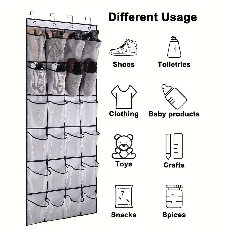 Get organized with our 1-piece over-the-door hanging shoe storage bag featuring 24 mesh pockets. This folding closet storage rack is perfect for storing socks, bras, and other household items, helping you save space in your bedroom, bathroom, office