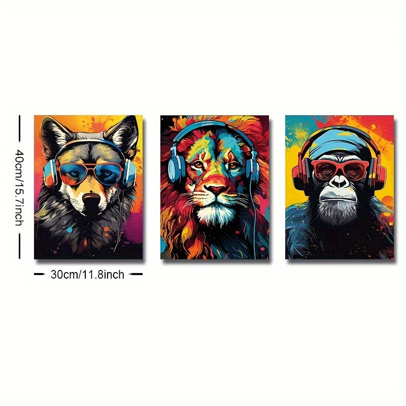 Canvas posters featuring modern art of animal earphones - tiger, wolf, and chimpanzees. Ideal for gifting or decorating bedrooms, living rooms, or corridors. No frame included.