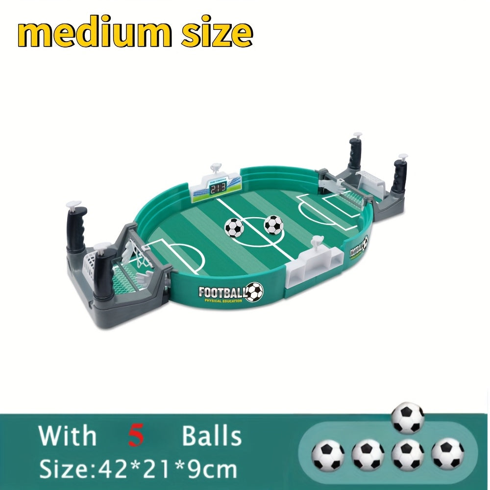 Interactive tabletop soccer game for kids including 5 balls, made of plastic. Perfect gift for Valentine's Day, Easter, birthdays. Suitable for ages 3 and up.