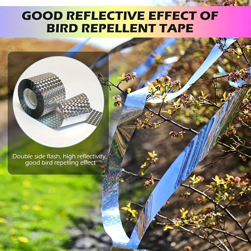 Pair of 50.0 meter reflective ribbons with bird repellent properties, ideal for orchards and gardens as a safe outdoor bird deterrent.