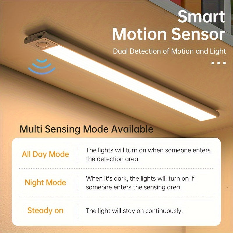 One rechargeable sensor light strip with adjustable brightness and three colors available.