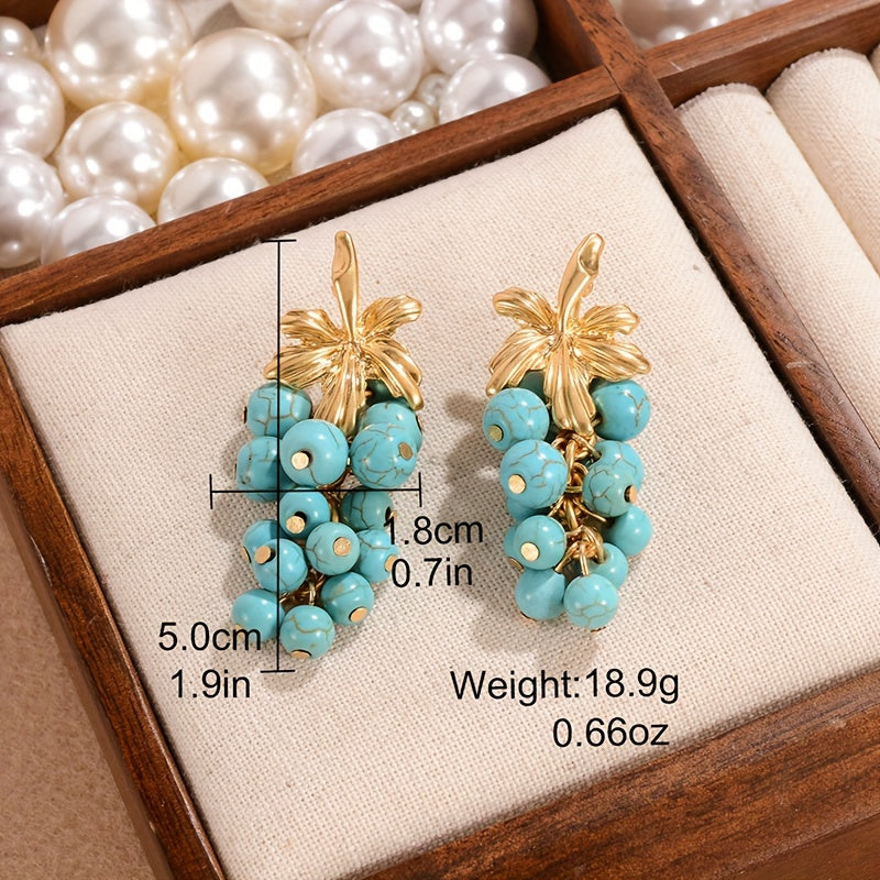 Vintage boho style turquoise cluster drop dangle earrings for women plated in 18K gold, featuring fashion alloy grape bunch tassel design with silver ear needle. Perfect for daily wear and special party occasions, exuding elegance.