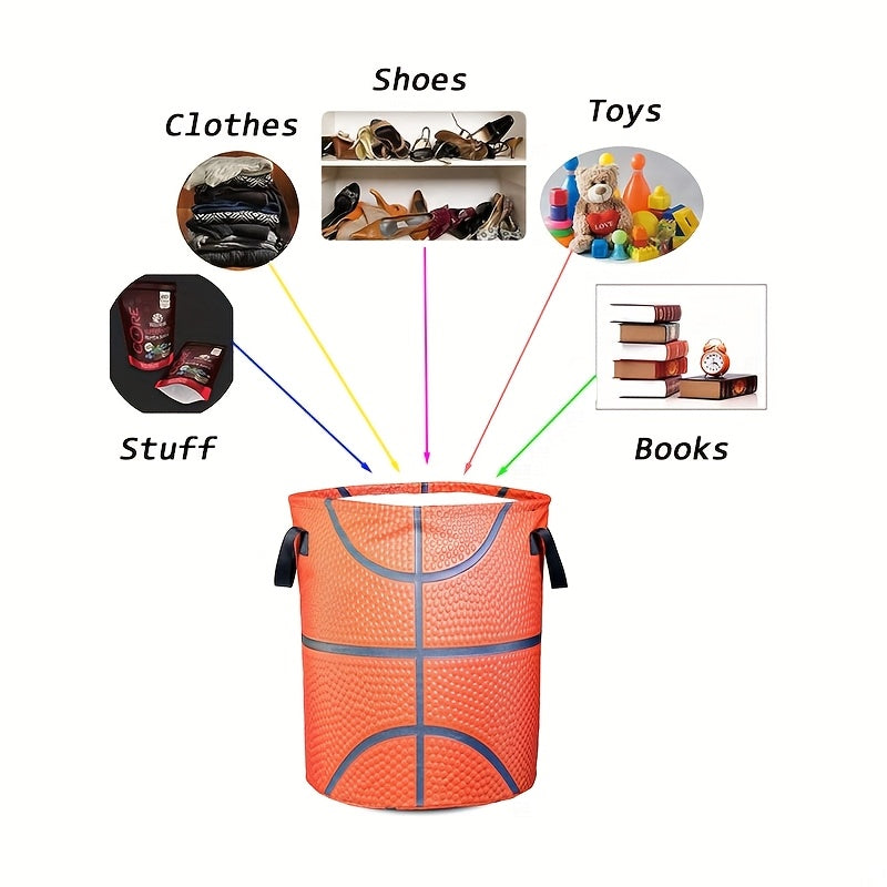 Foldable Laundry Hamper with Basketball-Inspired Design - Made of Waterproof Oxford Cloth in Orange with Black Accents, Featuring Dual Handles and a Round Shape for convenient Clothes and Toy Storage in Bathroom, Laundry Room, or Bedroom. Perfect for