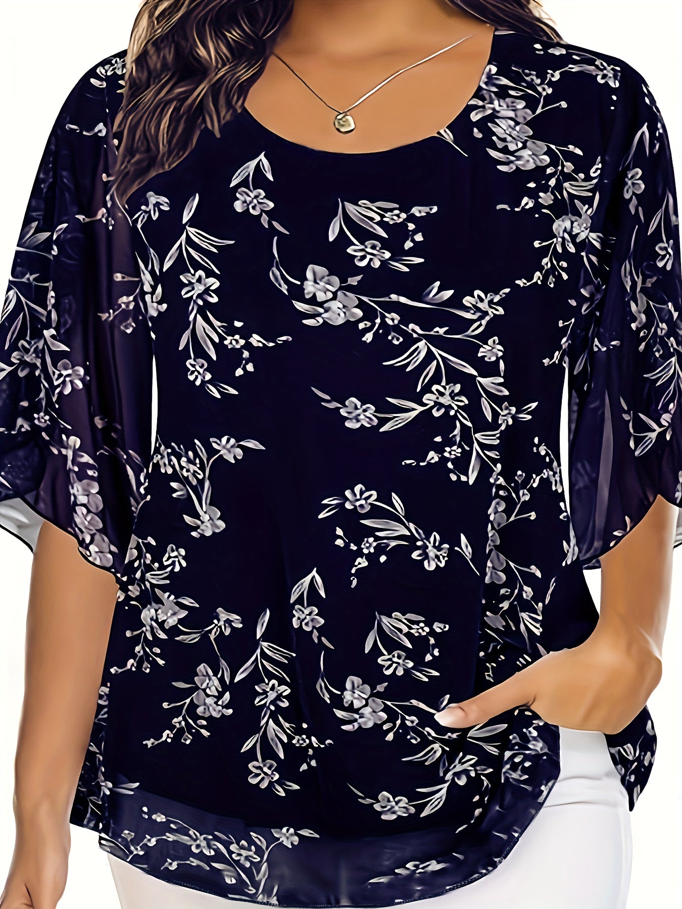 Chic black floral chiffon blouse with ruffle sleeves for summer, machine washable and semi-sheer.