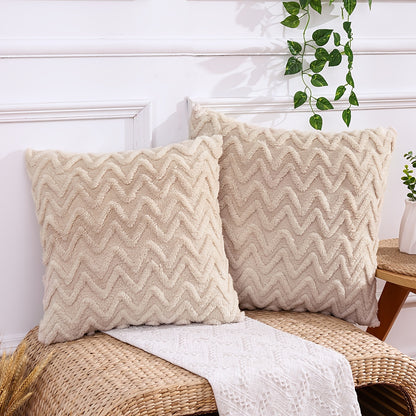 Pair of plush throw pillow covers in contemporary geometric pattern, hand wash only, 100% polyester zipper closure, beige wavy design for living room décor.