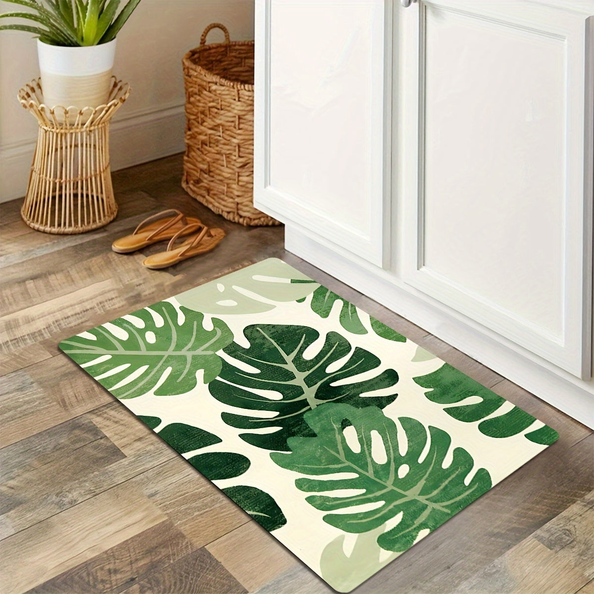 Green Plant Pattern Soft Area Rug, made of modern style polyester with a thick and luxurious rectangular design. Ideal for living rooms, bedrooms, kitchens, and indoor decor. This absorbent rug features a non-slip mat and foam pad for added comfort.