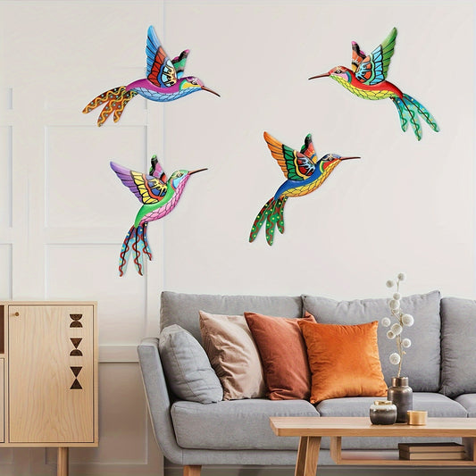 Colorful metal hummingbird wall decor, 4 pieces for indoor and outdoor use. Perfect for garden, patio, living room, and fence decoration. Handmade gift item.