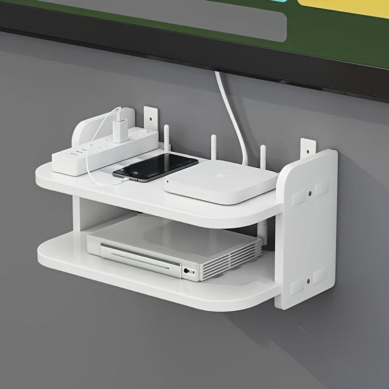 2-tier wall-mounted rack with cable management for routers and set-top boxes - no drilling required.