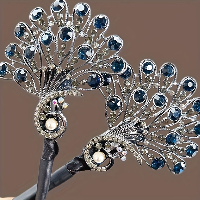 Vintage rhinestone hair clip with peacock feather design, perfect for daily wear and special occasions.